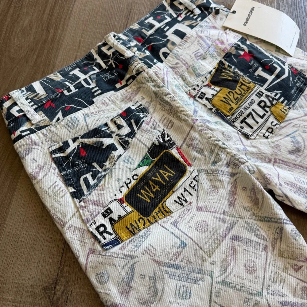 D'ANDUESHEN Mens Graphic Patchwork Money License Plate Slim Pants Size 32 NEW